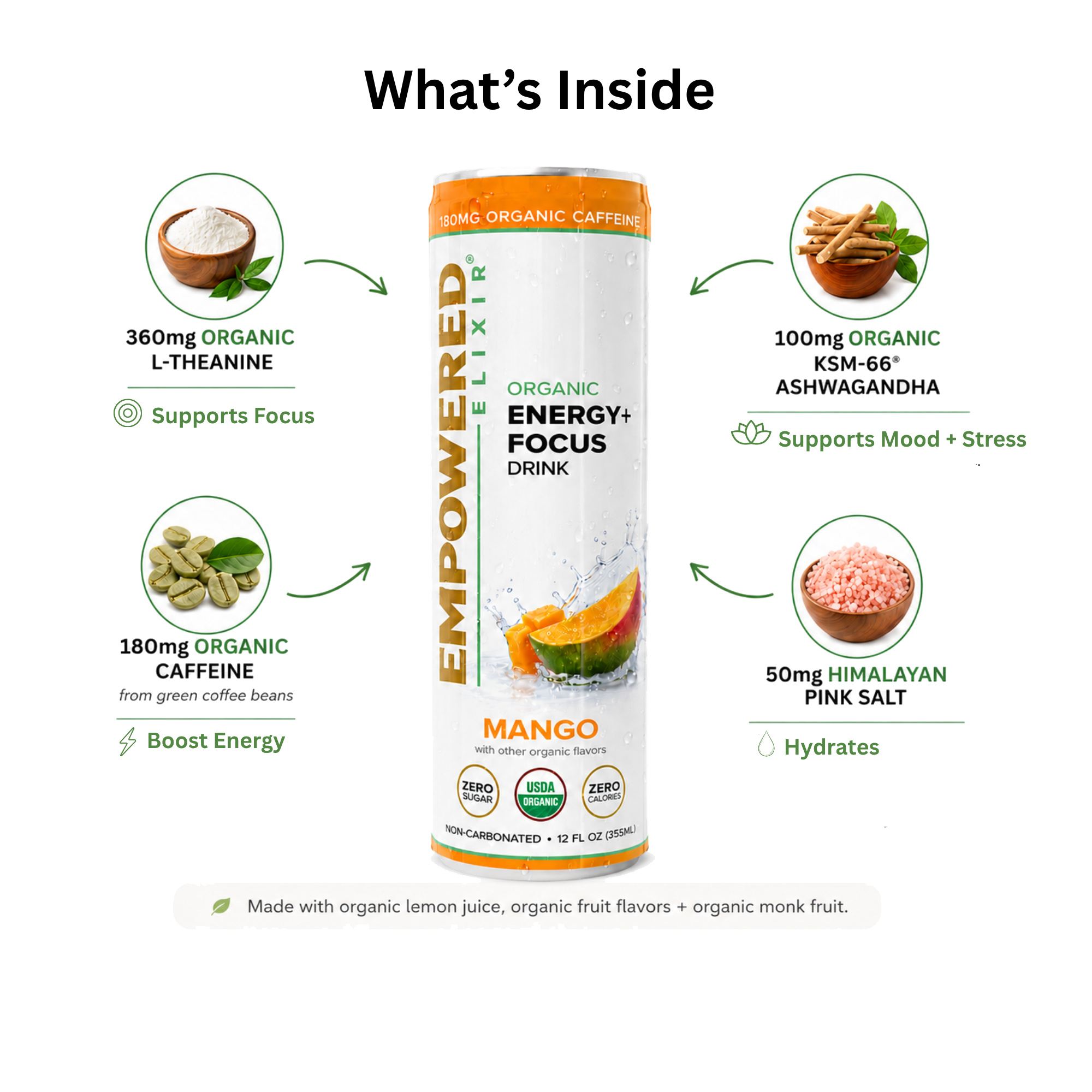 What's Inside: 180mg organic caffeine, 360mg L-Theanine, 100mg KSM-66 Ashwagandha, 50mg Himalayan Pink Salt
