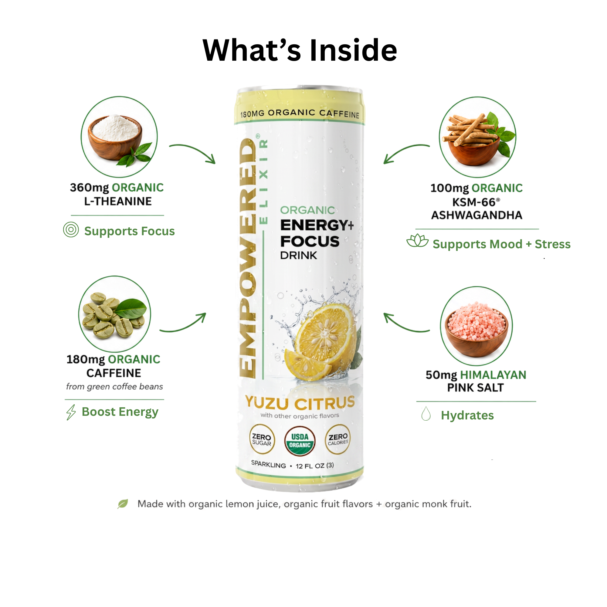 What's Inside Organic Yuzu Citrus: 360mg organic L-Theanine, 180mg organic caffeine from green coffee beans, 100mg organic KSM-66 Ashwagandha, 50mg Himalayan pink salt
