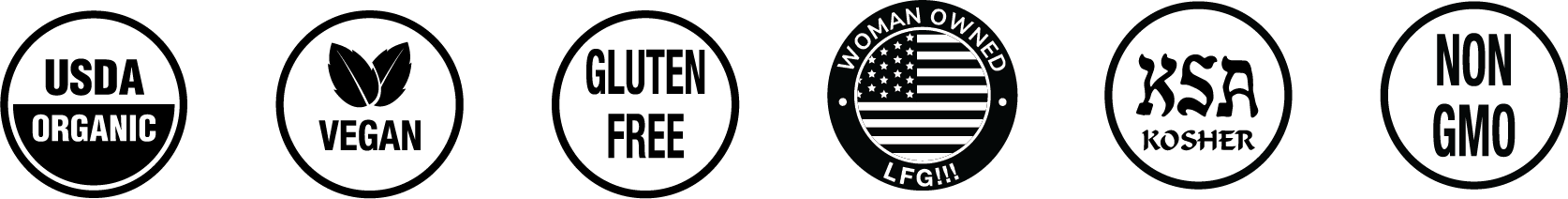 USDA Organic, Vegan, Gluten Free, Woman Owned, Kosher, and Non-GMO certifications