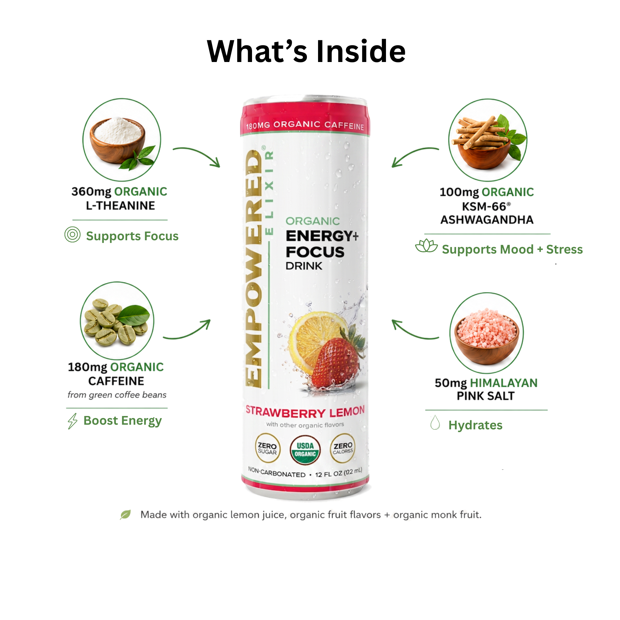 What's Inside Organic Strawberry Lemon: 360mg organic L-Theanine, 180mg organic caffeine from green coffee beans, 100mg organic KSM-66 Ashwagandha, 50mg Himalayan pink salt