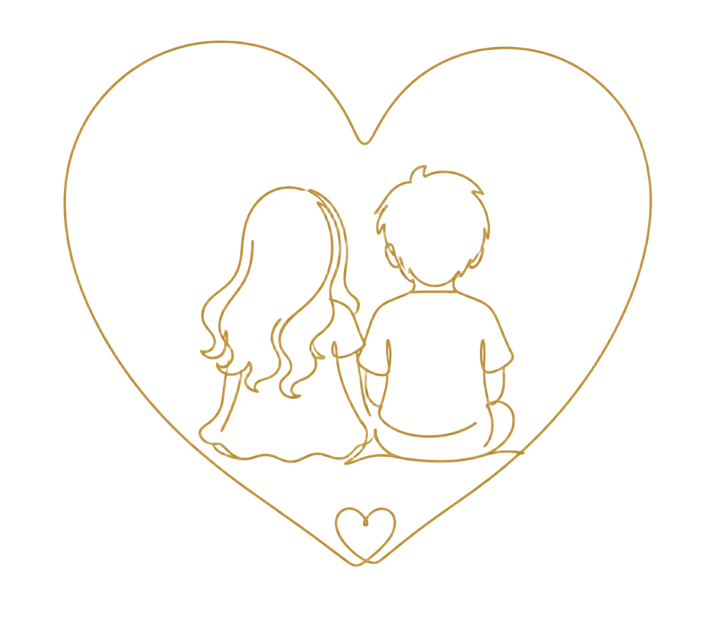 Line illustration of two foster children sitting inside a heart